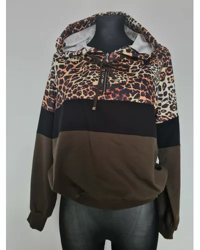 Ask for product! — Sweatshirt with a hood, a short zipper - Leopard print, Khaki