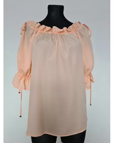 Zapytaj o produkt! — Bluzka z  wiązaniami, wiązanki na ramionach i rękawach, zwiewna - łososiowy