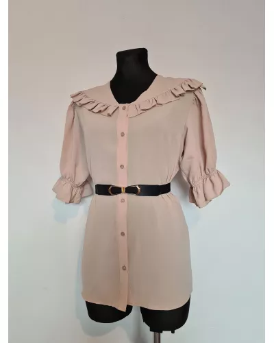 Zapytaj o produkt! — Koszula z ozdobnym kołnierzykiem, falbanka na dekolcie, krótki rękaw - beżowy