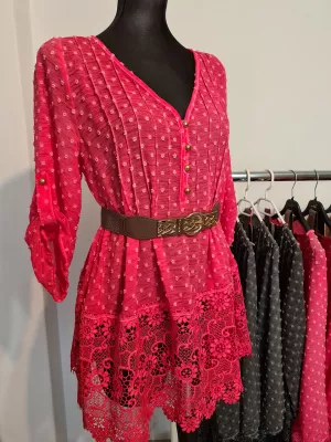 Tunic with lace and belt - coral - Tunics
