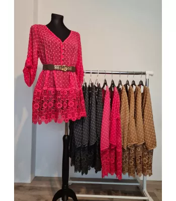 Tunic with lace and belt - Black