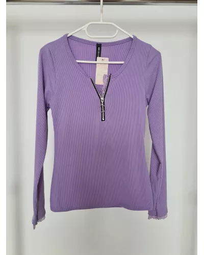 Ask for product! — Striped blouse with a zipper, lace at the neckline of the sleeves - Violet