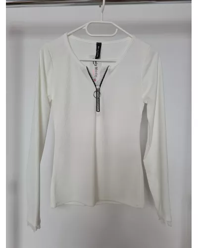 Ask for product! — Striped blouse with a zipper and lace at the neckline and on the sleeves - ecru