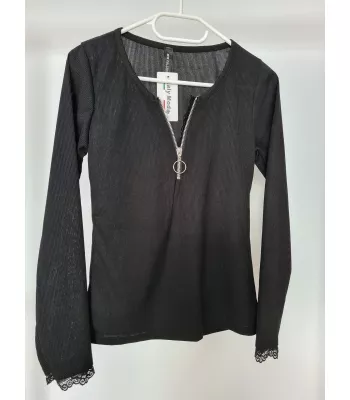 Striped blouse with a zipper, lace at the neckline and on the sleeves - Black