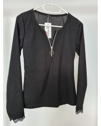 Ask for product! — Striped blouse with a zipper, lace at the neckline and on the sleeves - Black