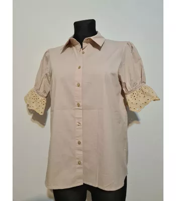 Classic shirt with a collar and openwork, short sleeves - Beige