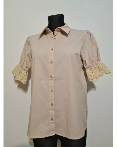 Ask for product! — Classic shirt with a collar and openwork, short sleeves - Beige