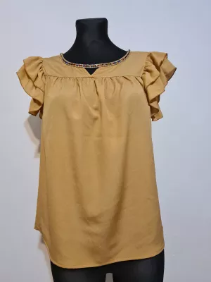 Blouse with a frill on the sleeves and decorative sequins - caramel - Blouses