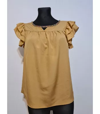 Blouse with a frill on the sleeves and decorative sequins - caramel