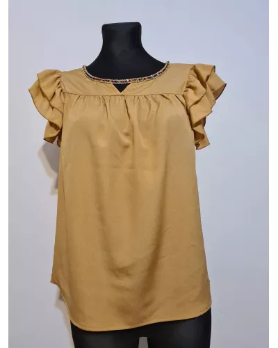 Ask for product! — Blouse with a frill on the sleeves and decorative sequins - caramel