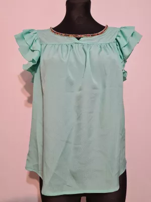 Blouse with a frill on the sleeves and decorative sequins - Mint - Blouses