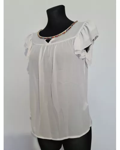 Zapytaj o produkt! — Bluzka z falbankowymi rękawkami i cekinami - biały