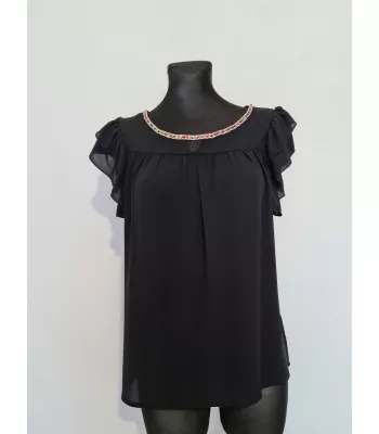 Black blouse with a frill on the sleeves and decorative sequins