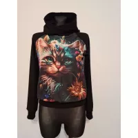 Cotton sweatshirt with hood, cat graphic, black - Handmade