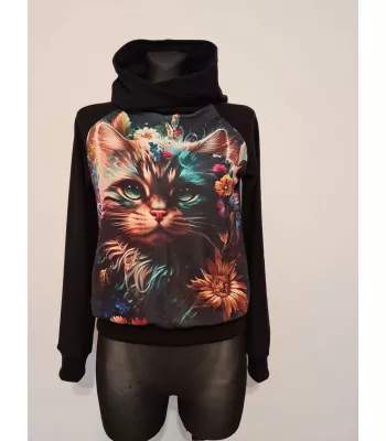 Cotton sweatshirt with hood, cat graphic, black