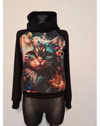 Zapytaj o produkt! — Bluza dresowa bawełniana z kapturem, grafika kota czarna