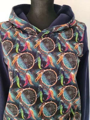 Cotton sweatshirt with hood, dream catcher graphics, black - Handmade