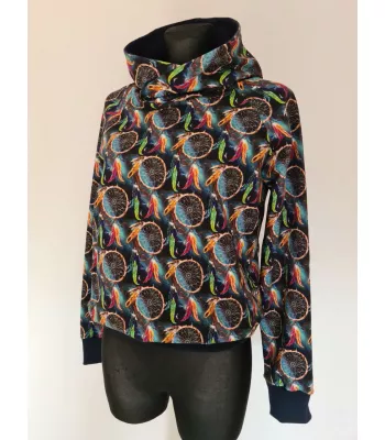 Cotton sweatshirt with a tight-fitting hood, dreamcatcher graphics, black