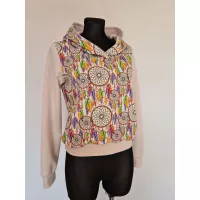 Cotton sweatshirt with hood, dream catcher graphic, beige - Handmade