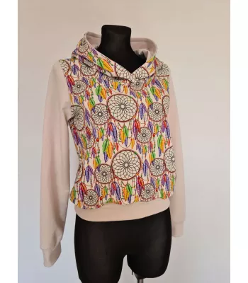 Cotton sweatshirt with hood, dream catcher graphic, beige