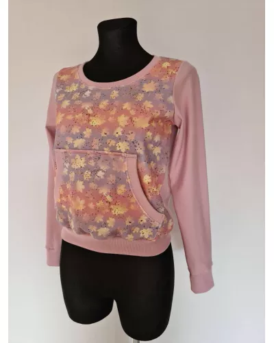 Zapytaj o produkt! — Bluza dresowa kangur, print liście, ciemny pudrowy róż