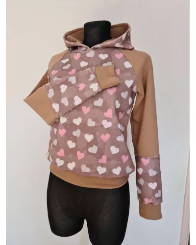 Zapytaj o produkt! — Bluza dresowa, bluzka damska z kapturem, w serduszka brązowa