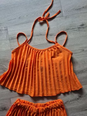 Set - Top with straps, wide leg pants - Orange - Sets