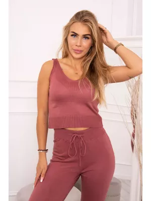 3-częściowy komplet sweterkowy - Top, narzutka oraz spodnie - Różowy - Komplety