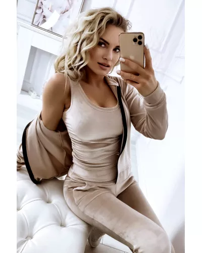 Ask for product! — 3-piece push-up set, velor - Top, sweatshirt and pants Beige