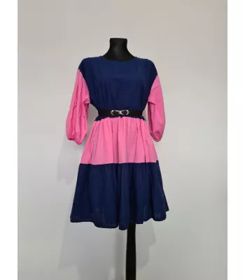 Loose dress with puff sleeves - Navy-pink