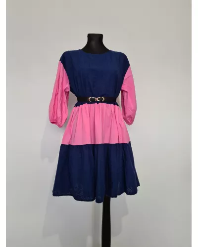 Ask for product! — Loose dress with puff sleeves - Navy-pink