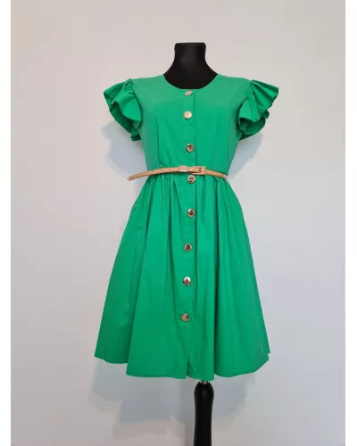 Zapytaj o produkt! — Sukienka z ozdobnymi guzikami i paskiem, kieszenie, złote guziki - zielony