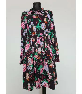 Dress with flowers fastened with buttons and tied at the waist - Black