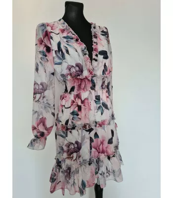 Chiffon dress with an elastic waist and frills - White