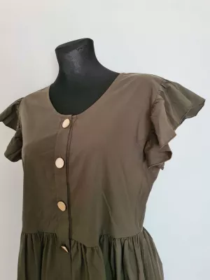 Dresses with decorative buttons and a belt - khaki - Dresses