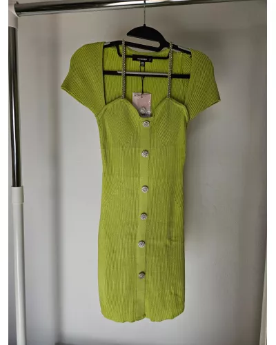 Zapytaj o produkt! — Sukienka z rękawkiem, ołówkowa prążkowana - limonkowa