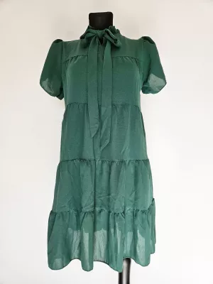 Loose trapeze dress with a bow - Green - Dresses