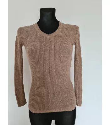 Sweater with a ribbed weave and a smooth V-neck - Beige