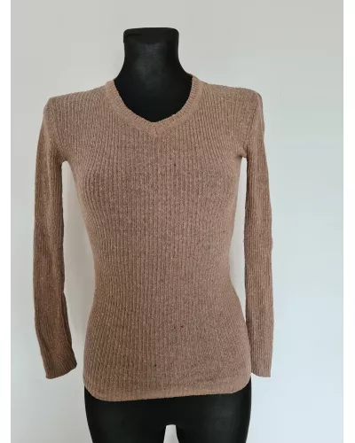 Zapytaj o produkt! — Sweter w prążek, prążkowany, dekolt w literę V - brązowy