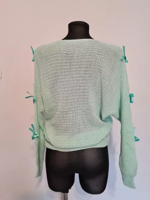 Sweter pleciony z kokardkami - Miętowy - Swetry