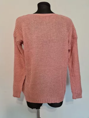 Openwork sweater with decorative weave at the front, smooth back - Pink - Sweaters