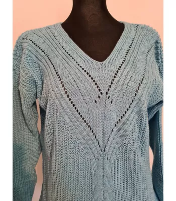 Openwork sweater with decorative weave at the front, smooth back - Blue