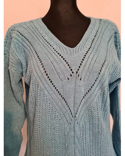 Ask for product! — Openwork sweater with decorative weave at the front, smooth back - Blue