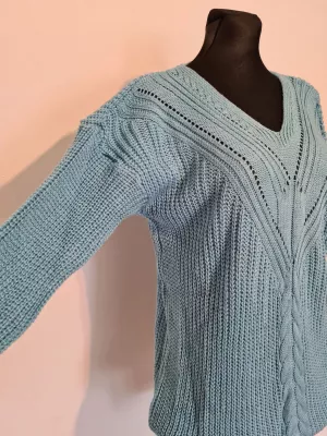 Openwork sweater with decorative weave at the front, smooth back - Blue - Sweaters