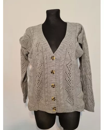 Zapytaj o produkt! — Sweter z falbanką, zapinany na guziki - szary