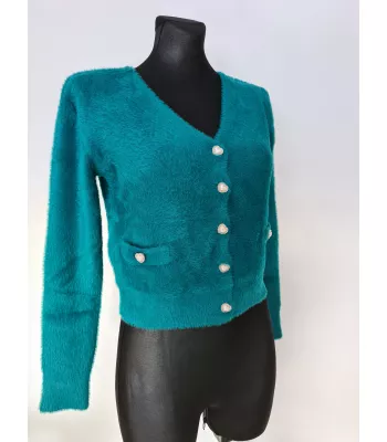 Hairy sweater with decorative buttons, heart-shaped - Turquoise