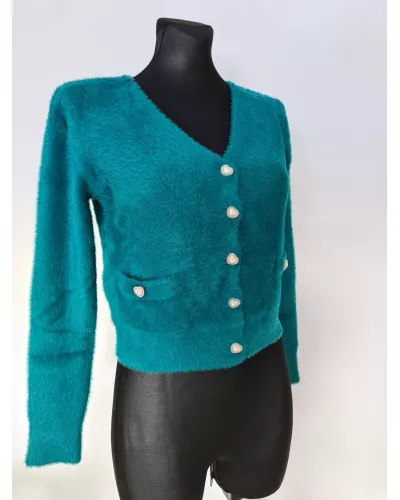 Zapytaj o produkt! — Sweter włochaty, guziki w kształcie serduszek - turkus