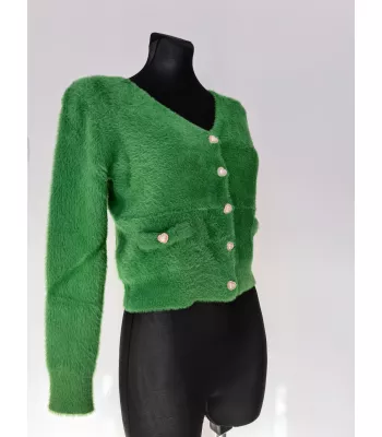 Hairy sweater with decorative buttons, heart-shaped - Green