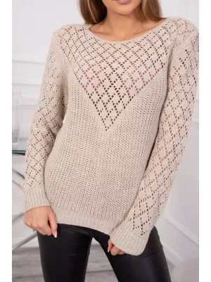 Sweter z ażurowym zdobieniem bawełniany - Beżowy - Swetry