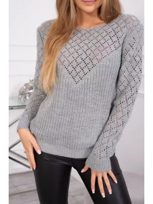 Sweter z ażurowym zdobieniem bawełniany - Szary - Swetry
